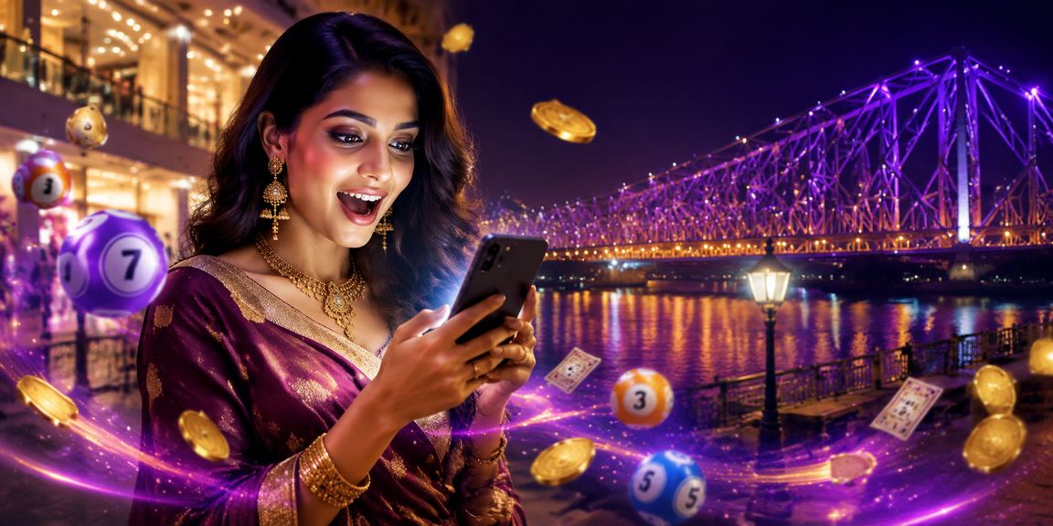 Night view of Howrah Bridge with neon lottery signs
