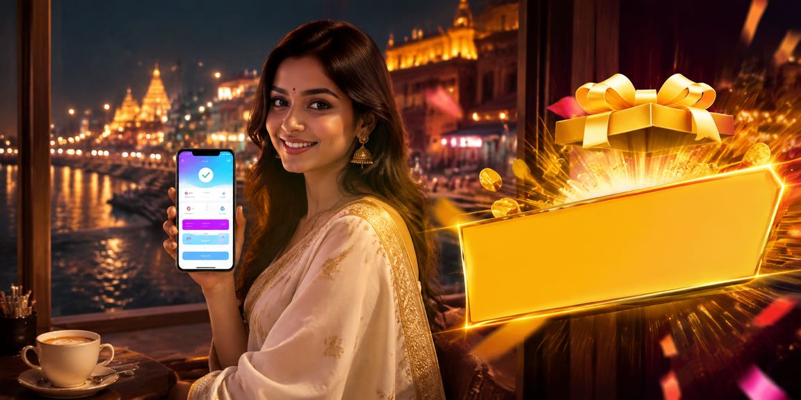 Woman using mobile payment apps during Diwali festival in Varanasi